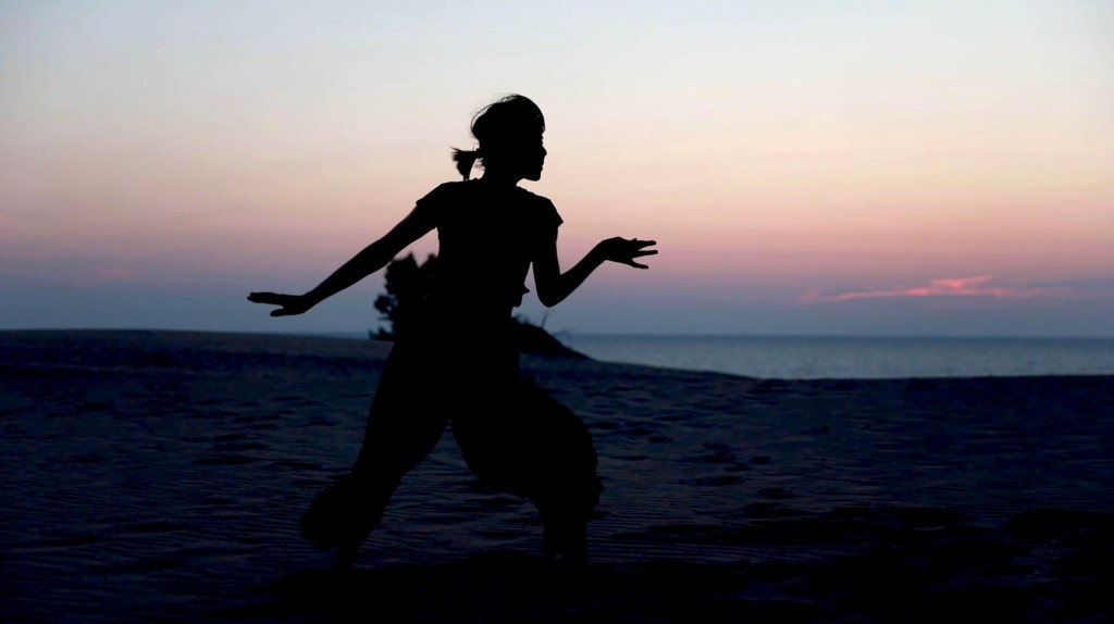 Juliann Wang in dark silhouette against a twilight orange and blue sky. The angles of her pose are birdlike and angular, one hand with her fingers fanned and her legs in a low lunge.